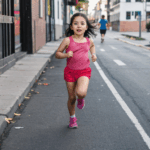 Girl in sportswear running seamlessly through city streets, embodying urban vitality.