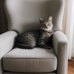An adorable cat with soft fur taking a nap on a plush armchair, epitomizing comfort and relaxation.