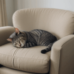 A charming cat comfortably sleeping on a plush armchair, embodying pure relaxation.
