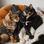 An adorable dog and cat lying together, illustrating their heartwarming friendship.