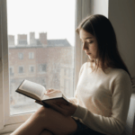 Afternoon light casts a glow on a woman reading by a window.