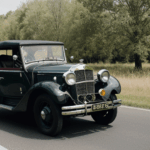 An antique automobile embarking on a road trip, illustrating the enduring fascination with vintage cars and scenic drives.