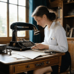 An antique writing device on a desk, a symbol of the timeless art of typing.