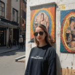 An artist painting a detailed mural, blending colors and themes for a unique street art piece.