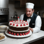 A baker in action, focused on cake decoration techniques.