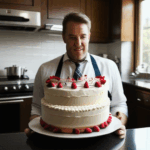 A baker skillfully using a pastry bag to decorate a cake.