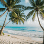 Beach bliss found on a tropical shore with lush palm trees.