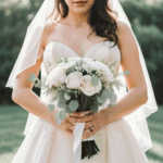 A beautiful bride holding a bouquet, exuding elegance and charm.