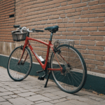 An urban landscape featuring a bicycle and brick wall, showcasing timeless elegance.