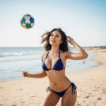 Bikini babe enjoys a sunny beach day with a ball toss, embodying the carefree and playful energy of summer.