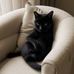 A peaceful feline with soft fur napping on a cozy armchair, in a charming, warm home setting.