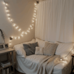 A book lover's haven with bookshelves and cozy seating lit by fairy lights.
