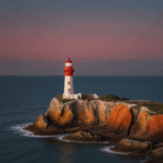 A lighthouse at sunset provides a stunning view of the rocky coastline.