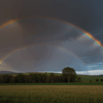 The tranquil countryside is graced by the vibrant arc of a rainbow, creating a breathtaking scene of natural beauty.