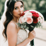 Bride and bouquet bliss captured in a moment of wedding elegance.