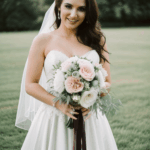 Bride clutching a bouquet, showcasing wedding day grace and beauty.