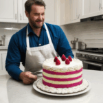 A baker demonstrating advanced cake icing techniques.