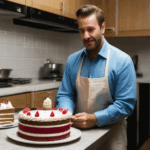 A baker styling a cake with creative decorative elements.