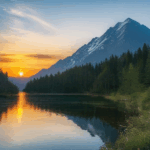 Calm lake surface mirroring the vibrant colors of sunrise.