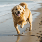 Golden retriever exploring the sandy beach, tail wagging and joyful.