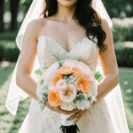 Captivating wedding photo of a bride with her bouquet of flowers.