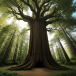 The captivating wilderness of an enchanted forest with a giant tree as the focal point.
