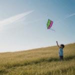 A heartwarming scene of carefree kite flying, where a child finds joy and freedom in a vast grassy field.