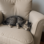 A fluffy cat enjoying a relaxing nap on a plush armchair, encapsulating home comfort and joy.