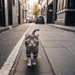 A cat on an urban adventure, seamlessly blending into the backdrop of the bustling city.