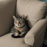 An adorable feline sleeping soundly on a cozy armchair, capturing the essence of home comfort.
