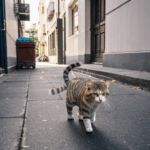 A feline wanderer strolling down the sidewalk, taking in the sights and sounds of city life.