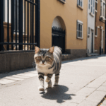 A curious cat walking along a city street, exploring its urban surroundings with keen interest.