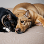 Charming animal bond, a dog and cat in a cozy cuddle.
