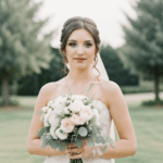 Charming wedding scene with a bride holding her floral bouquet.