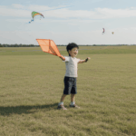 A child joyfully flying a colorful kite in a wide grassy field, embodying the spirit of carefree play and freedom.