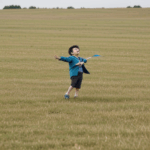 A picturesque view of kite flying, where a child experiences pure joy and the thrill of a clear blue sky.