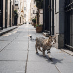 A cat's city adventure unfolds as it navigates the bustling streets with curious intent.