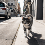 A city-dwelling cat pauses mid-stride, captivated by the vibrant urban landscape around it.