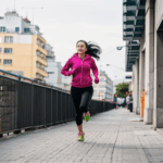 Girl on a city run, weaving through the streets with determination and excitement.