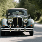 Classic car resting on a peaceful rural road surrounded by nature.