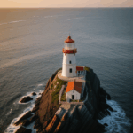 A coastal guardian lighthouse illuminated by the sunset on a rocky cliff.