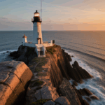 A breathtaking coastal landscape with a lighthouse at sunset.
