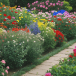 A stunning display of colorful garden flowers in full bloom, showcasing vibrant hues and diverse floral varieties.