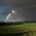 The vivid hues of a rainbow illuminate the sky above a serene countryside, providing a picturesque scene of natural wonder.