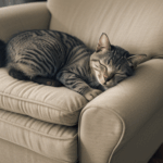 A cozy scene with a cat comfortably napping on a stylish armchair, showcasing feline tranquility.