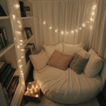 A cozy home reading space with fairy lights adding a warm and inviting touch.