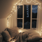 A cozy reading nook featuring a plush chair and fairy lights creating a warm atmosphere.