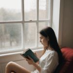 Cozy reading nook featuring a comfortable seat and a window view, perfect for reading.