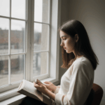 Cozy window reading scene, a woman immersed in her book.