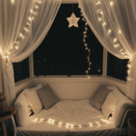 A creative reading nook setup with fairy lights and comfortable seating.